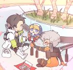  &gt;_&lt; 1boy 2girls animification apex_legends black_eyes black_hair blonde_hair blue_bodysuit blue_eyes blue_gloves blue_headwear bodysuit boots burn_scar chibi crypto_(apex_legends) dango food gloves grey_hair highres hood hooded_jacket jacket jetpack metal_boots multiple_girls nojima_minami orange_bodysuit orange_gloves orange_jacket ribbed_bodysuit sanshoku_dango scar shoes short_hair sitting sneakers thigh_boots valkyrie_(apex_legends) wagashi wattson_(apex_legends) white_bodysuit white_footwear white_jacket 