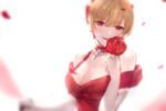  1girl blonde_hair blurry blush bow breasts choker cleavage depth_of_field dress dutch_angle elbow_gloves flower gloves granblue_fantasy hair_bow holding holding_flower lala_(0915_yu) looking_at_viewer petals red_bow red_choker red_dress red_eyes rose short_hair smile solo vira_(granblue_fantasy) white_background white_gloves 