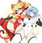  2girls absurdres animal_ears ass_visible_through_thighs ayanami_rei blonde_hair blue_eyes blue_hair blush breasts closed_mouth commentary covered_navel gloves highres leotard long_hair looking_at_viewer medium_breasts multiple_girls neon_genesis_evangelion red_eyes red_gloves red_leotard red_thighhighs short_hair slugbox souryuu_asuka_langley symbol-only_commentary tail thighhighs thighs white_gloves white_leotard white_thighhighs 