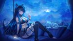  1girl anklet bangs black_bra black_skirt black_thighhighs blue_eyes blue_hair bra bracelet breasts cellphone cleavage clickdraws cloud cloudy_sky couch curtains dragon_girl dragon_horns dragon_tail earpiece full_body highres holding horns indie_virtual_youtuber jewelry long_hair looking_at_viewer moon night night_sky phone qyona_(vtuber) sitting skirt sky solo spiked_bracelet spikes stirrup_legwear tail thighhighs toeless_legwear underwear virtual_youtuber window 