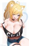  1girl absurdres ahoge animal_ears bangs blonde_hair blue_eyes blush breasts cat_ears choker cleavage collarbone highres large_breasts long_hair looking_at_viewer open_mouth ponytail smile solo swept_bangs thighs tofuubear 
