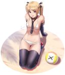  1girl bikini black_ribbon blonde_hair blush breasts dead_or_alive elbow_gloves gloves hair_ornament hair_ribbon highres long_hair looking_at_viewer marie_rose ribbon sawasa small_breasts solo solo_focus stomach swimsuit thighhighs thighs twintails volleyball x_hair_ornament 