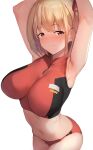  1girl armpits arms_behind_head blonde_hair blush breasts brown_eyes buruma closed_mouth commentary_request covered_nipples cowboy_shot crop_top from_above highres impossible_clothes impossible_shirt large_breasts looking_at_viewer lycoris_recoil medium_hair midriff navel nishikigi_chisato shirt simple_background sleeveless smile solo sportswear stain stained_clothes sweat viral1112 white_background 