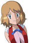  1girl anime_coloring bangs bare_arms blonde_hair blue_eyes blue_ribbon closed_mouth collarbone commentary eyelashes highres ia_(ilwmael9) looking_at_viewer medium_hair neck_ribbon no_headwear pokemon pokemon_(anime) pokemon_xy_(anime) ribbon serena_(pokemon) simple_background smile solo upper_body white_background 