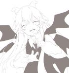  1girl :d absurdres claw_pose demon_horns demon_wings fang formal greyscale haiiro_teien highres horns long_hair long_sleeves merry_merry monochrome necktie pointing pointing_at_self pointy_ears reficul sketch smile suit wings 