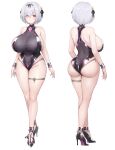  1girl absurdres alicia_renato_(yashiro_sousaku) ass bangs bare_arms bare_shoulders black_footwear black_swimsuit breasts closed_mouth commentary_request commission covered_navel crossed_bangs full_body grey_hair hair_ornament haoni high_heels highres huge_breasts large_breasts multiple_views one-piece_swimsuit original red_eyes short_hair smile standing swimsuit thigh_strap thighs yellow_eyes 