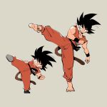  1boy age_progression bare_shoulders barefoot belt black_belt black_hair clenched_hand closed_mouth dougi dragon_ball dragon_ball_(classic) dragon_ball_z highres karate_gi kicking kz_(dbz_kz) male_focus monkey_tail simple_background son_goku spiked_hair sweatband tail wristband 