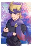 1boy bangs black_sweater blonde_hair border closed_mouth commentary crossed_arms happy headband highres long_sleeves looking_at_viewer maki_(letusgomaki) male_focus morty_(pokemon) outside_border pants pokemon pokemon_(game) pokemon_hgss purple_background purple_eyes purple_headband purple_scarf ribbed_sweater scarf short_hair smile solo standing sweater upper_body white_border white_pants 