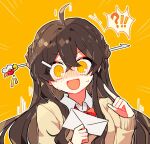  !? 1girl ara_haan bad_id bad_pixiv_id blush braid brown_hair elsword eo_(dj0513) hair_between_eyes hair_ornament hairclip hh8_8888 holding holding_letter letter long_hair solo yellow_background yellow_eyes 