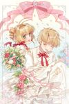  1boy 1girl antenna_hair bouquet brown_eyes brown_hair cardcaptor_sakura carrying couple dentist_(artist) dress drill_hair flower formal hetero kinomoto_sakura li_xiaolang neck_ribbon one_eye_closed open_mouth princess_carry red_ribbon ribbon rose round_teeth short_hair suit teeth upper_teeth wedding wedding_dress white_dress white_suit 