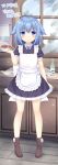  1girl absurdres apron bangs black_dress blue_bow blue_eyes blue_hair blush boots bow brown_footwear closed_mouth collared_dress commentary_request copyright_request day dress food frilled_apron frilled_dress frills full_body hair_between_eyes hand_up highres holding holding_plate indoors knife looking_at_viewer pigeon-toed plate pointy_ears puffy_short_sleeves puffy_sleeves sakuraba_hikaru_(loveindog) short_sleeves smile solo standing translation_request transparent_wings white_apron white_wings window wings wooden_floor 