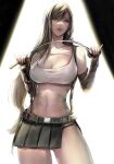  1girl absurdres ass_visible_through_thighs backlighting bangs belt black_gloves black_skirt breasts collarbone cowboy_shot crop_top elbow_gloves final_fantasy final_fantasy_vii final_fantasy_vii_remake fingerless_gloves gloves half-closed_eyes highres holding holding_whip large_breasts long_hair low-tied_long_hair midriff miniskirt navel red_eyes shoji_sakura skirt solo stomach suspender_skirt suspenders suspenders_gap swept_bangs tank_top thighs tifa_lockhart tongue tongue_out whip white_tank_top 