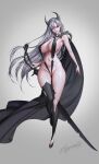  absurdres armpits black_thighhighs breasts bright_pupils cape demon_girl full_body grey_background grey_eyes grey_hair highres holding holding_sword holding_weapon horns huge_breasts long_hair navel original partially_visible_vulva pubic_tattoo reverse_grip signature slingshot_swimsuit succubus_queen_(tangerine) swimsuit sword tangerine_(dudu) tattoo thighhighs very_long_hair weapon white_pupils 
