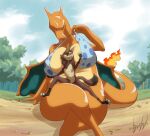  2022 4_toes absurd_res anthro artist_name big_breasts blulesnsfw breasts canid canine charizard claws clothing detailed_background digital_media_(artwork) dirt dragon duo feet female fire forest fur generation_1_pokemon grass hi_res huge_breasts larger_female looking_down male mammal membrane_(anatomy) membranous_wings nintendo on_lap orange_body outside plant pokemon pokemon_(species) pulling_clothing scalie signature sitting size_difference sky smaller_male smile thick_thighs toe_claws toes tree tuft video_games wide_hips wings 