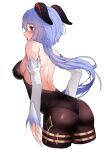  1girl absurdres ahoge ass back backless_outfit bangs bare_back bare_shoulders black_leotard black_pantyhose blue_hair blush bodystocking bodysuit breasts chessy cropped_legs detached_sleeves ganyu_(genshin_impact) genshin_impact highres horns leotard leotard_under_clothes long_hair long_sleeves looking_to_the_side low_ponytail median_furrow medium_breasts no_gloves pantyhose purple_eyes sideboob sidelocks simple_background solo thighlet white_background white_sleeves 