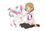  1girl :d bare_arms black_thighhighs blue_eyes blue_ribbon boots brown_footwear brown_hair commentary_request dress eyelashes hand_up happy highres ia_(ilwmael9) neck_ribbon open_mouth pink_dress pokemon pokemon_(anime) pokemon_(creature) pokemon_xy_(anime) ribbon serena_(pokemon) short_hair simple_background sitting smile sylveon thighhighs tongue white_background 