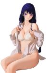  1girl absurdres bra braid breasts buttons cleavage collarbone collared_shirt dress_shirt genshin_impact highres lace lace_bra legs_together long_hair long_sleeves looking_at_viewer medium_breasts mole mole_under_eye navel no_hair_ornament no_pants open_clothes open_shirt panties purple_eyes purple_hair raiden_shogun shirt simple_background single_braid sleeves_past_wrists smile solo underwear undressing very_long_hair white_background white_bra white_panties white_shirt wusie2 
