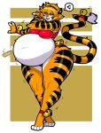  abdominal_bulge anthro belly belly_dancer belly_dancing big_belly felid female hypnofood mammal pantherine rumbling_stomach sascha_(hypnofood) simple_background singing solo standing_on_toes thick_thighs tiger vore 