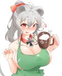  1girl absurdres animal_ears apron bare_shoulders blush breasts cleavage cup daebom green_apron grey_hair hair_between_eyes hair_ornament heart highres holding holding_cup large_breasts long_hair looking_at_viewer maus_(daebom) military milk mouse_ears original personification ponytail red_eyes sideboob solo 
