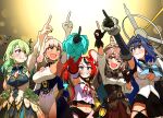  5girls :d ;d ahoge animal_ears anniversary bangs belt black_hair blue_eyes blue_hair blue_leotard blue_ribbon blurry bokeh braid braided_bangs brown_capelet brown_cloak brown_eyes brown_hair capelet ceres_fauna cloak clothing_cutout commentary_request crop_top dagger dark-skinned_female dark_skin ddolbang depth_of_field detached_sleeves dress english_commentary feather_hair_ornament feathers flower gloves green_hair grin hair_flower hair_intakes hair_ornament hair_over_one_eye hairclip hakos_baelz halter_top halterneck head_chain highres holocouncil hololive hololive_english knife korean_commentary lantern leotard limiter_(tsukumo_sana) long_hair mechanical_halo mixed-language_commentary mole mole_under_eye mouse_ears mouse_tail multicolored_hair multiple_girls nanashi_mumei one_eye_closed ouro_kronii partially_fingerless_gloves pinstripe_pattern pleated_skirt pointing pointing_up ponytail pouch red_hair red_skirt ribbon sailor_collar sharp_teeth shirt short_hair skirt smile streaked_hair striped tail teeth tsukumo_sana turtleneck underboob_cutout very_long_hair virtual_youtuber weapon white_hair white_shirt 