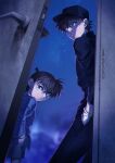  2boys bangs black_jacket black_pants blue_eyes blue_jacket brown_hair closed_mouth edogawa_conan gloves grey_shorts hair_between_eyes hand_in_pocket highres jacket kuroba_kaito magic_kaito meitantei_conan multiple_boys open_door pants remsor076 short_hair short_shorts shorts sky star_(sky) starry_sky twitter_username v-shaped_eyebrows white_gloves 