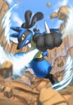  blurry clenched_teeth cloud commentary_request day highres holding ia_(ilwmael9) legs_apart looking_at_viewer lucario outdoors pokemon pokemon_(creature) red_eyes rock sky solo teeth 