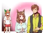  1boy 2girls animal_ears breast_envy breasts brown_hair cleavage clenched_hands commentary_request hair_ornament headband horse_ears large_breasts light_hello_(umamusume) long_hair multiple_girls orange_hair shorts silence_suzuka_(umamusume) simple_background sparkle team_spica&#039;s_trainer trainer_(umamusume) umamusume yonedatomo_mizu 