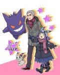  1boy 1girl :d acerola_(pokemon) alternate_costume black_footwear boots closed_eyes coat commentary_request dated eyelashes gengar gloves grey_coat grey_hair highres mimikyu nanu_(pokemon) one-hour_drawing_challenge open_mouth pants parted_lips pointing pokemon pokemon_(anime) pokemon_(creature) pokemon_sm_(anime) purple_scarf red_eyes red_footwear scarf shoes short_hair signature smile sneakers tamura_(kouititamura) teeth tongue 