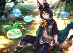  1boy absurdres animal animal_ear_fluff animal_ears asymmetrical_sleeves bangs black_gloves black_hair black_pants black_shirt bright_pupils brown_eyes capri_pants commentary_request day drawstring earrings flower fox fox_boy fox_ears fungi_(genshin_impact) genshin_impact gloves green_eyes green_hair hair_between_eyes highres hood hood_down hoodie jewelry kuro_(skmy3278) light_particles light_rays long_sleeves looking_at_viewer male_focus medal multicolored_clothes multicolored_eyes multicolored_hair on_ground one_eye_closed open_mouth outdoors pants plant ribbon rock rope shirt short_hair short_sleeves sidelocks single_earring sitting slime_(creature) slime_(genshin_impact) smile solo streaked_hair sunlight tail tassel tighnari_(genshin_impact) tree turtleneck vision_(genshin_impact) white_pupils wrist_cuffs yellow_flower 