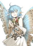  1other :d ahoge black_choker blue_hair butterfly_wings character_request choker closed_eyes dress facing_viewer fate/grand_order fate_(series) flower hands_up kankan33333 medium_hair own_hands_together pointy_ears simple_background smile solo white_background white_dress white_flower wings 