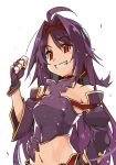  1girl ahoge armor bangs bare_shoulders black_gloves breastplate breasts detached_sleeves fingerless_gloves gloves grey_background grin hairband highres long_hair long_sleeves navel parted_bangs pointy_ears purple_hair red_eyes red_hairband shikei shiny shiny_hair simple_background small_breasts smile stomach sword_art_online teeth upper_body yuuki_(sao) 