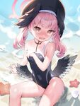  1girl @_@ arm_support bare_arms bare_shoulders beret black_choker black_headwear black_swimsuit black_wings blue_archive blush breasts choker collarbone commentary_request covered_navel day feathered_wings halo hat head_wings highres koharu_(blue_archive) lim_jaejin long_hair looking_at_viewer low_wings nose_blush one-piece_swimsuit open_mouth outdoors pink_hair red_eyes seashell shell sitting small_breasts solo starfish swimsuit tears torn_clothes torn_swimsuit twintails water wavy_mouth wet wings 