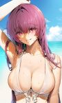  1girl arm_up armpits bangs bare_arms bare_shoulders bikini blush breasts cleavage collarbone commentary damda fate/grand_order fate_(series) long_hair ocean outdoors parted_lips purple_eyes purple_hair scathach_(fate) sideboob smile swimsuit symbol-only_commentary upper_body water wet white_bikini 
