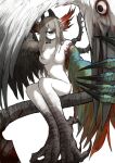  1girl black_eyes breasts claws colored_skin cyclops grey_hair horns kankan33333 large_breasts long_hair looking_at_viewer monster_girl no_mouth one-eyed original simple_background sitting_on_tail solo tail white_background white_skin wings 