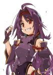  1girl ahoge armor bangs bare_shoulders black_gloves breastplate breasts detached_sleeves fingerless_gloves gloves grey_background grin hairband highres leotard long_hair long_sleeves parted_bangs pointy_ears purple_hair purple_leotard red_eyes red_hairband shikei shiny shiny_hair simple_background small_breasts smile sword_art_online teeth upper_body yuuki_(sao) 