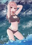  1girl 71975327 armpits arms_up bikini breasts highres long_hair looking_at_viewer medium_breasts navel night night_sky ocean original pink_eyes pink_hair pubic_tattoo sky smile solo star_(sky) starry_sky swimsuit tattoo water 