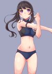  1girl ass_visible_through_thighs bangs bare_arms bare_legs bare_shoulders black_hair breasts closed_mouth cowboy_shot highres inoue_takina light_blush long_hair lycoris_recoil medium_breasts midriff mono9ron navel ponytail purple_eyes sidelocks simple_background sleeveless solo sports_bra sportswear stretching swept_bangs 