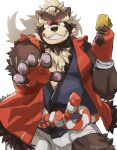  2022 absurd_res anthro asian_clothing brown_body bulge canid canine clothing east_asian_clothing goemon_(tas) hi_res humanoid_hands japanese_clothing kemono lifewonders male mammal nekodon_san overweight overweight_male raccoon_dog simple_background solo tanuki tokyo_afterschool_summoners video_games 
