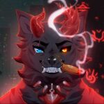  alastor_bloodmourne anthro black_body black_fur canid canine cigar cigar_in_mouth cigar_smoke clothing collar fur heterochromia horn hybrid icon male mammal portrait red_clothing rikitoka scar solo solo_focus spiked_collar spikes 