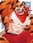  &lt;3 2022 abs anthro barazoku big_bulge big_muscles bodily_fluids border bulge clothed clothing deedea english_text erection erection_under_clothing eyebrows felid frosted_flakes fur grey_background hands_behind_head hi_res huge_muscles kellogg&#039;s male mammal mascot muscular muscular_anthro muscular_male navel neckerchief nipples obliques one_eye_closed open_mouth open_smile pantherine pecs simple_background smile solo sweat teeth tenting text text_on_clothing text_on_underwear tiger tongue tony_the_tiger topless topless_anthro topless_male tuft underwear white_border wink 