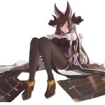  1girl absurdres animal_ears asymmetrical_hair black_ribbon black_thighhighs blue_hair blush breasts brown_hair brown_horns closed_eyes detached_sleeves extra_ears eyelashes fikkyun frills full_body galleon_(granblue_fantasy) gloves granblue_fantasy hair_between_eyes hair_over_one_eye hand_on_own_chest highres horns jewelry large_breasts long_hair multicolored_hair neck_ribbon necklace on_floor pointy_ears ribbon sideboob signature solo streaked_hair thigh_strap thighhighs very_long_hair white_background white_gloves 