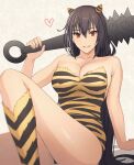  1girl animal_print black_hair breasts brown_eyes cleavage club_(weapon) collarbone fake_horns hair_between_eyes heart holding holding_weapon horns kantai_collection kasumi_(skchkko) large_breasts long_hair nagato_(kancolle) oni_horns open_mouth setsubun smile solo spiked_club thighhighs tiger_print weapon 