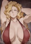  1girl absurdres akinaiyo armpit_crease armpits arms_behind_head blonde_hair breasts brown_eyes collarbone dress eyeliner golden_boy hands_in_hair highres huge_breasts makeup mature_female onna_shachou red_dress revealing_clothes solo steaming_body sweat 