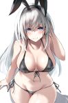  1girl alexi_oekaki animal_ears arm_support bangs bare_arms bikini black_bikini blue_eyes blush breasts closed_mouth collarbone commentary_request grey_hair hair_between_eyes hand_in_own_hair highres long_hair looking_at_viewer medium_breasts navel original rabbit_ears side-tie_bikini simple sitting smile solo stomach swimsuit white_background 
