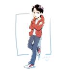  1boy against_wall billy_batson black_hair blue_eyes crossed_arms dc_comics hood hoodie leaning male_child male_focus open_clothes open_hoodie pants red_hoodie sen_(sen69) shazam shoes short_hair solo young_justice 