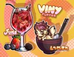  abstract_background anthro bell bell_collar beverage brown_body brown_collar brown_fur brown_tail chibi collar food fruit fur glistening glistening_eyes hair male noodles orange_ears plant ramen red_hair solo strawberry tan_body tan_fur tan_tail vinyanko 