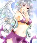  1girl adapted_costume bikini breasts cleavage cowboy_shot feathered_wings grey_hair hajike_akira highres jacket kishin_sagume large_breasts long_sleeves navel one-hour_drawing_challenge open_clothes open_jacket open_mouth purple_bikini purple_sarong red_eyes sarong short_hair single_wing solo swimsuit touhou twitter_username white_jacket white_wings wings 