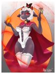  absurd_res anthro bell bell_collar bovid breasts caprine card clothed clothing collar crown cult_of_the_lamb dark_body elemental_manipulation female fire fire_manipulation fur hair hi_res horn indieembers lamb_(cult_of_the_lamb) legwear leotard looking_at_viewer mammal red_cape red_eyes sheep simple_background smile solo tarot_card thick_thighs thigh_highs video_games white_body white_fur wool_(fur) 