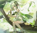  1girl armlet bare_legs bare_shoulders bracelet branch closed_mouth day dress elf expressionless feet_out_of_frame female_child floating_hair forest genshin_impact gradient_hair green_eyes green_hair hair_ornament highres holding in_tree jewelry legs long_hair looking_at_viewer multicolored_hair nahida_(genshin_impact) nature outdoors pointy_ears ponytail scottie_(phantom2) shoes sitting sitting_in_tree sleeveless sleeveless_dress socks solo symbol-shaped_pupils thighs tree white_dress white_footwear white_hair white_socks 