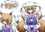  1girl animal_ears blonde_hair breasts chibi dress fox_ears fox_tail frilled_dress frills hands_in_opposite_sleeves hat hidefu_kitayan highres large_breasts long_sleeves multiple_tails pillow_hat short_hair solo tabard tail touhou white_dress wide_sleeves yakumo_ran yellow_eyes 